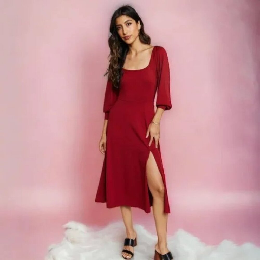 Able Rita Square Neck Midi Dress with Pockets Red 3X